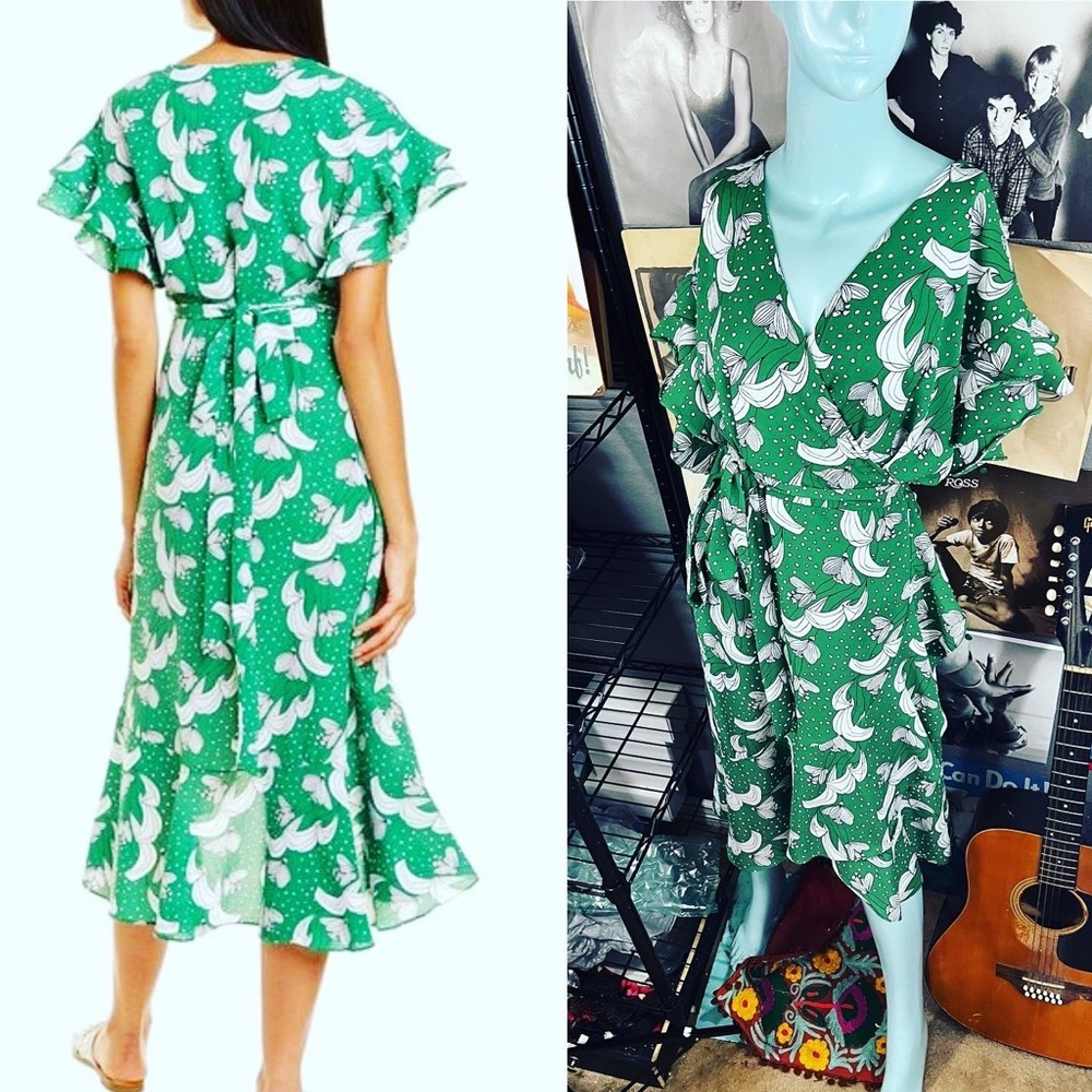 💚 MAX STUDIO KELLY GREEN FLORAL RUFFLE TRUE WRAP RUFFLE DRESS XL Dress - Picture 2 of 10